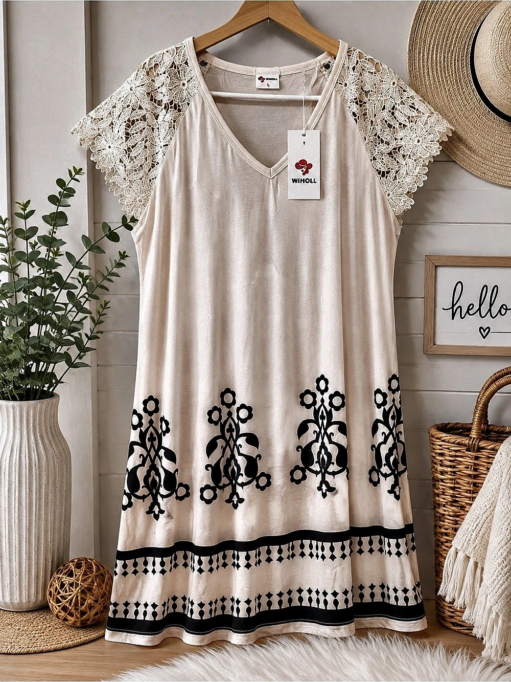 WIHOLL Summer Beach Vacation Lace Mini Dress cream & Black NWT